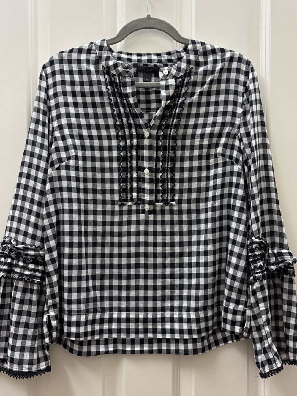 J. Crew Black & White Gingham Ruffle-Sleeve Tunic
